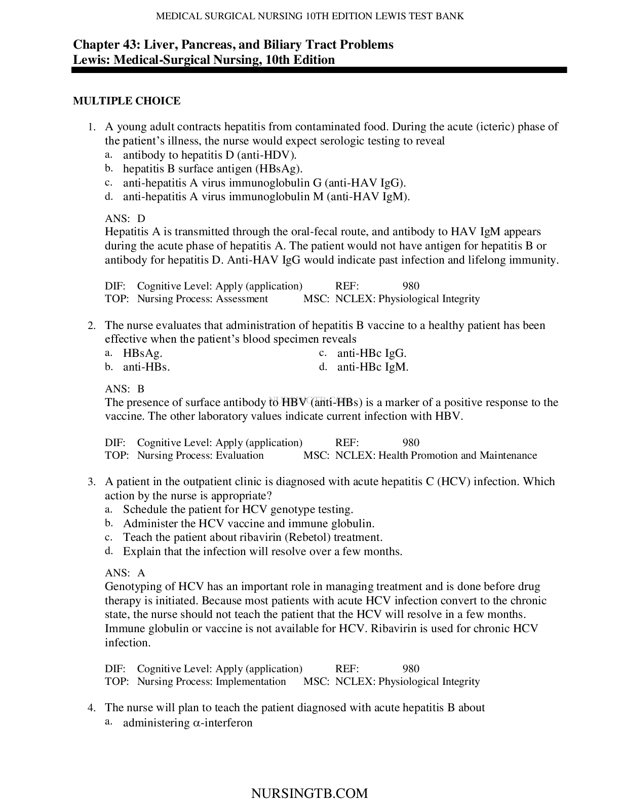 Preview image for Chapter 43: Liver, Pancreas, and Biliary Tract Problems Lewis: Medical-Surgical Nursing, 10th Edition